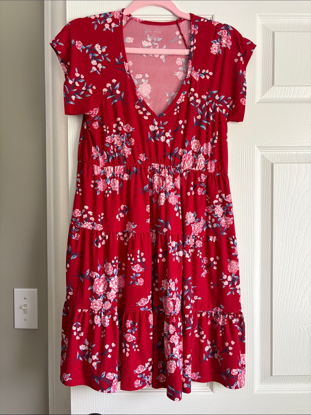 No Boundaries Red Floral V-Neck Tiered Mini Dress